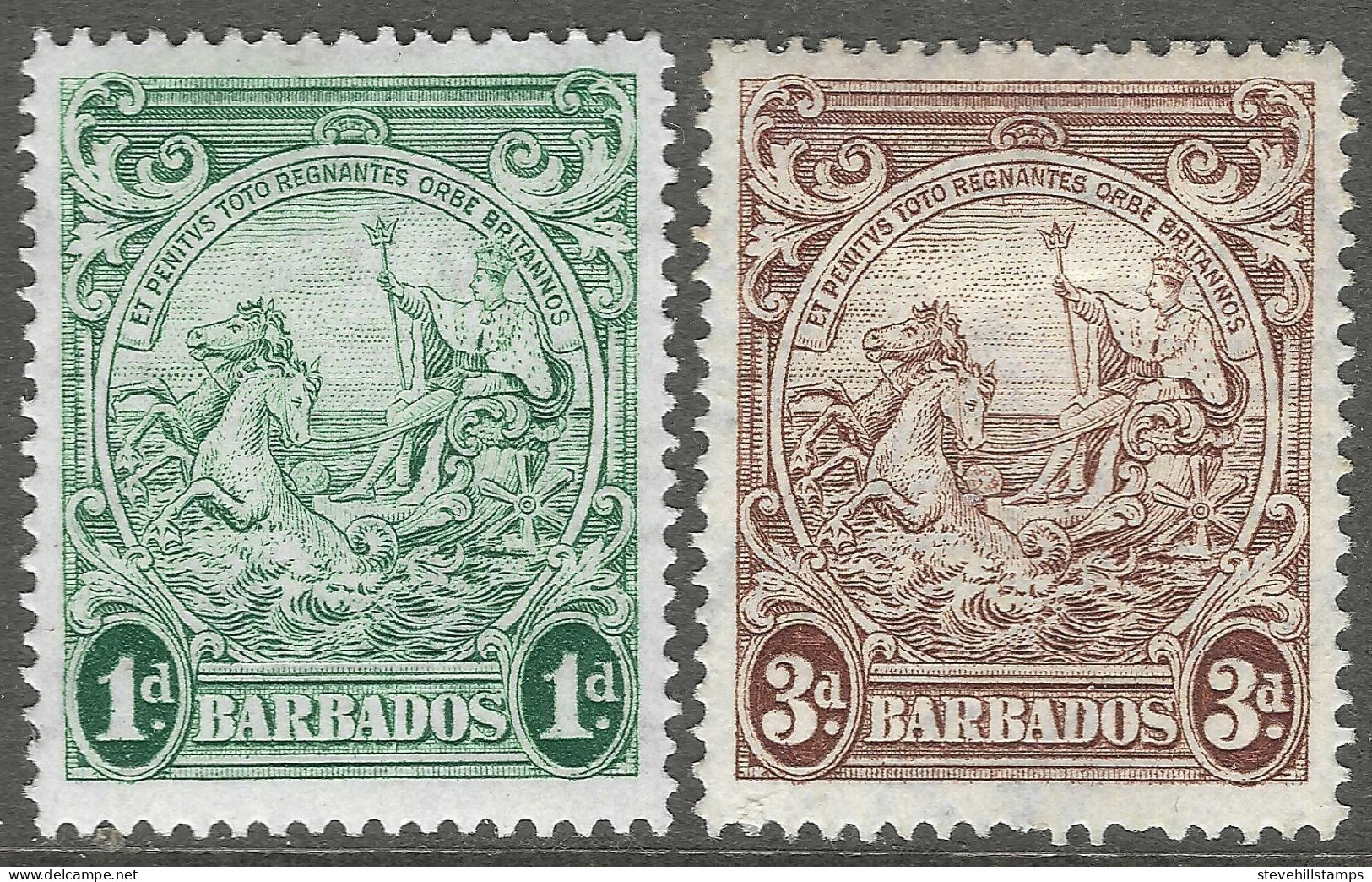 Barbados. 1938-47 Seal Of Colony. P14. 1d Green, 3d Brown MH.  SG 249c, 252b. M4083 - Barbados (...-1966)
