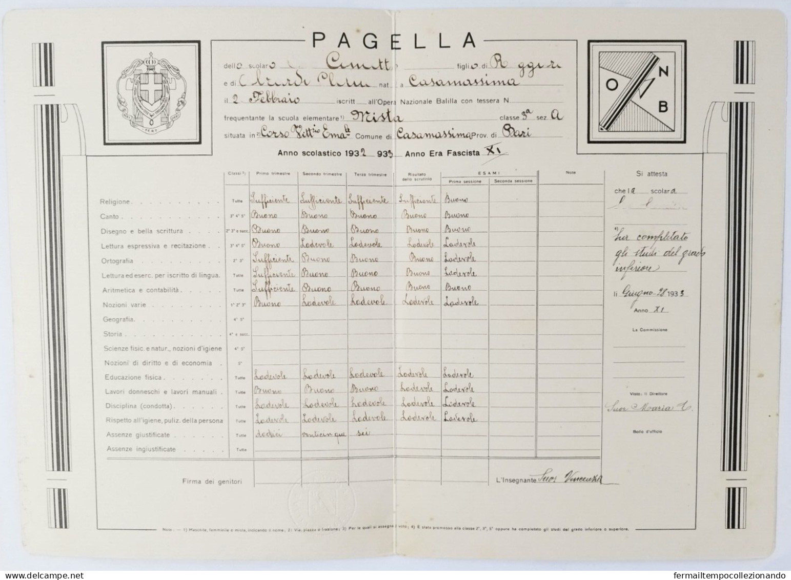 Bp67 Pagella Fascista Opera Balilla Regno D'italia Casamassima Bari 1933 - Diplômes & Bulletins Scolaires