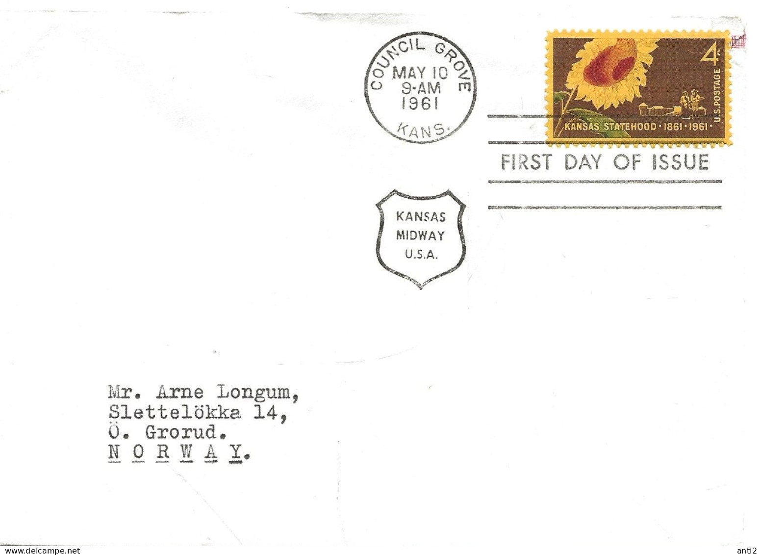 USA 1961 Kansas Statehood 100 Years 1861-1961  Mi 809 FDC - Briefe U. Dokumente