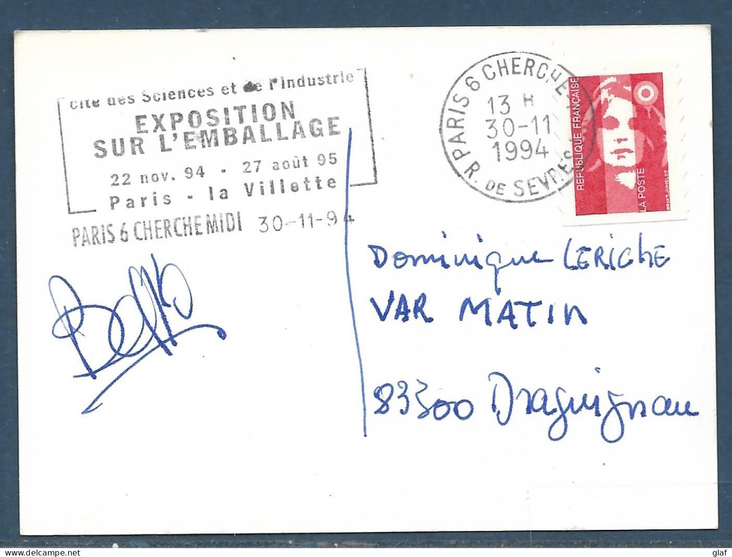 Carte Domaine Viticole (format 8 X 11) Affr. TVP Rouge Marianne De Briat Autocollant Secap Paris Cherche-Midi 30.11.1994 - 1989-1996 Marianne Du Bicentenaire