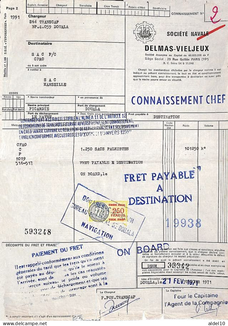 Connaissement Douala Pour Le Havre 1971 Timbre Fiscal 250 F - Camerún (1960-...)