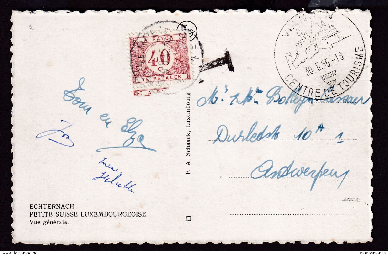 DDGG 025  -- Carte-Vue Non Affranchie VIANDEN 1955 = T , Taxation 40 C à ANTWERPEN - Cartas & Documentos