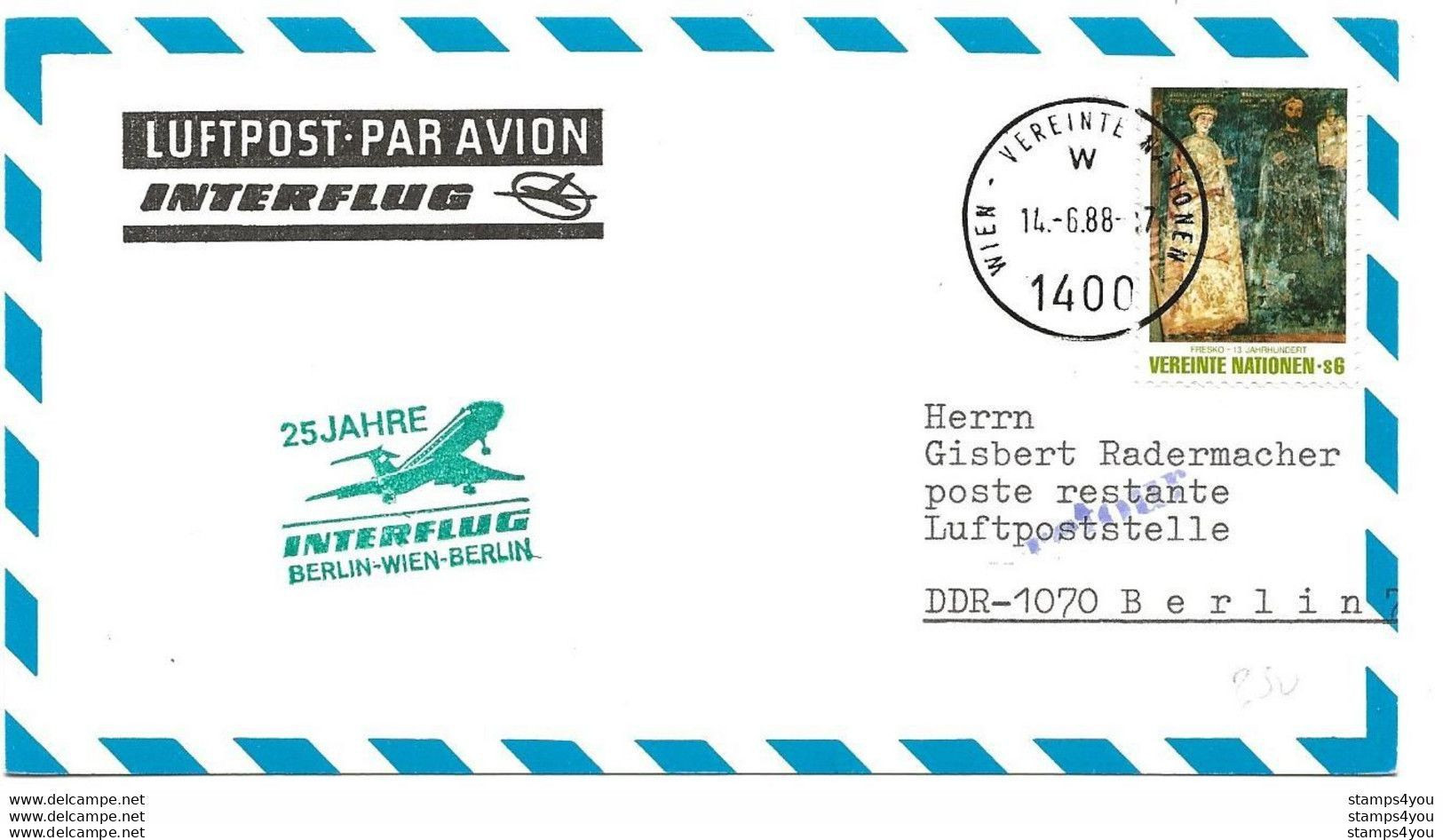 271 - 6 - Enveloppe Nations Unies Wien "25 Jahre Flugdienst Interflug Wien-Berlin-Wien" 1988 - Airplanes