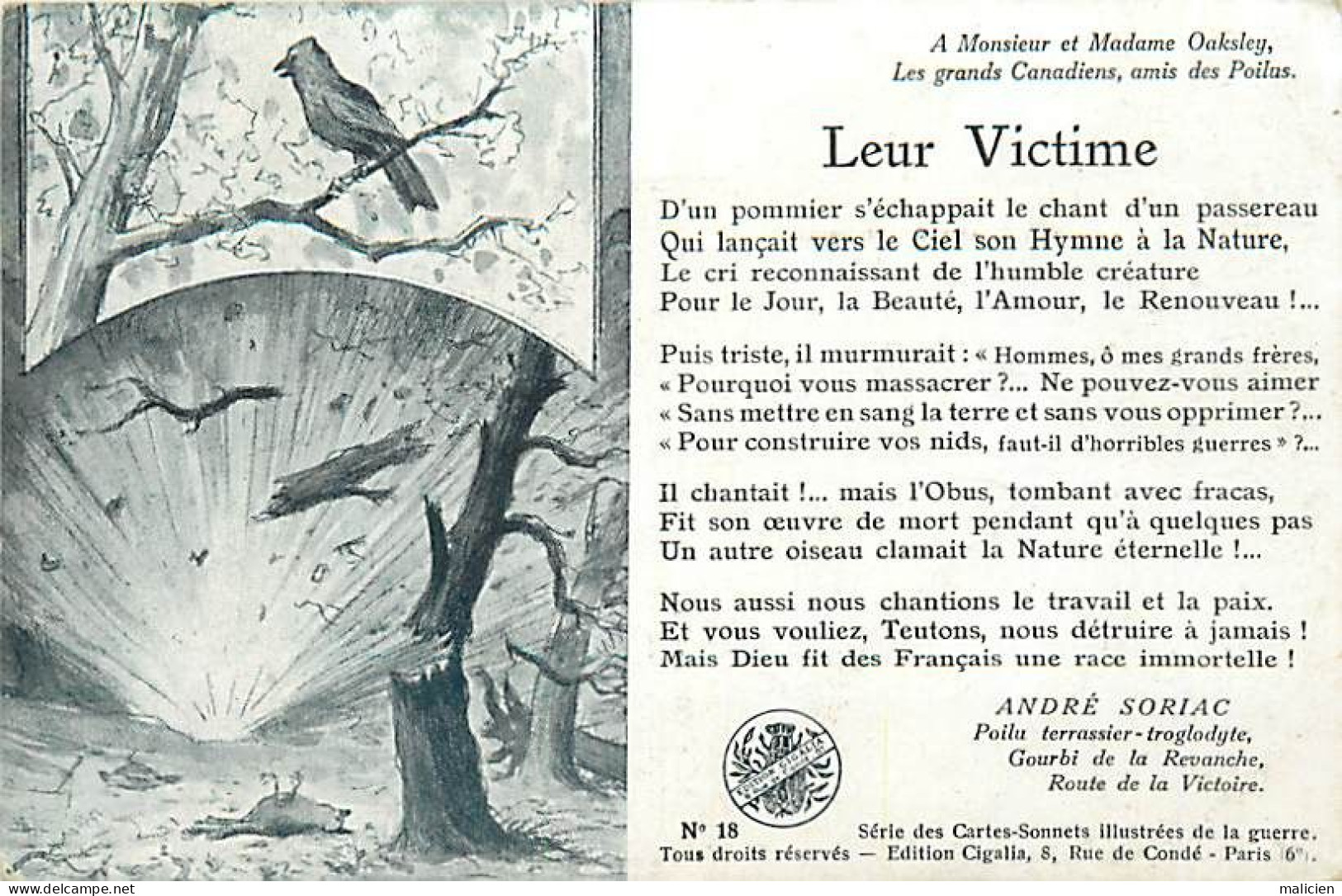 - Guerre 1914-18 -ref-N490-cartes Sonnets N°18 -leur Victime !- André Soriac -poilu - Gourbi De La Revanche - Guerre 1914-18