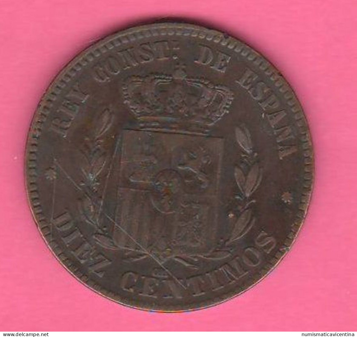 Spagna 10 Centimos 1877 Spain España 10 Centimos Alfonso XIII° Bronze Coin - First Minting