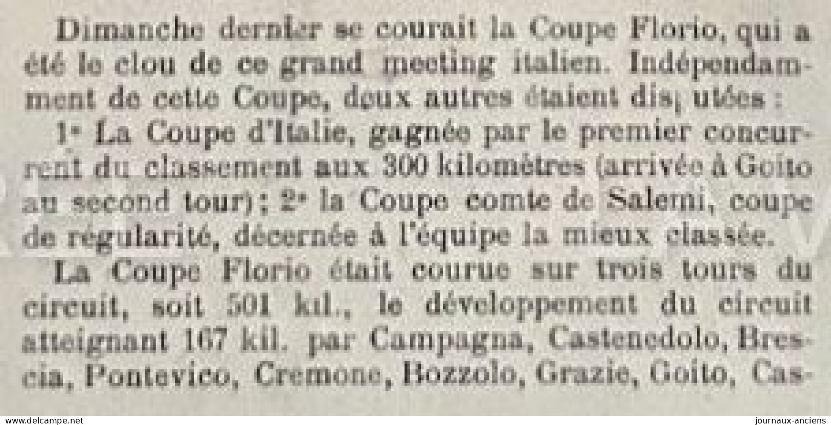 1905 AUTOMOBILE - MEETING ITALIEN - LA COUPE FLORIO - RAGGIO SUR VOITUE ITALIENNE PNEUS MICHELIN - LA VIE ILLUSTRÉE - 1900 - 1949