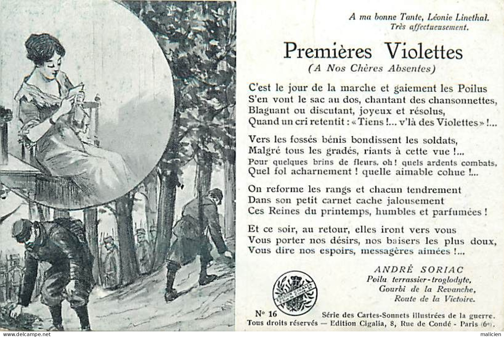 - Guerre 1914-18 -ref-N489- Cartes Sonnets N°16 -premières Violettes ! - André Soriac - Poilu - Gourbi De La Revanche - Guerre 1914-18