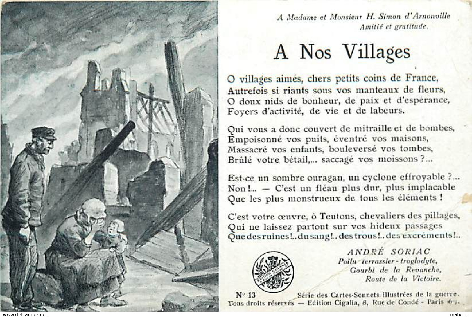 - Guerre 1914-18 -ref-N488- Cartes Sonnets N°13 -à Nos Villages ! - André Soriac - Poilu - Gourbi De La Revanche - - Guerre 1914-18