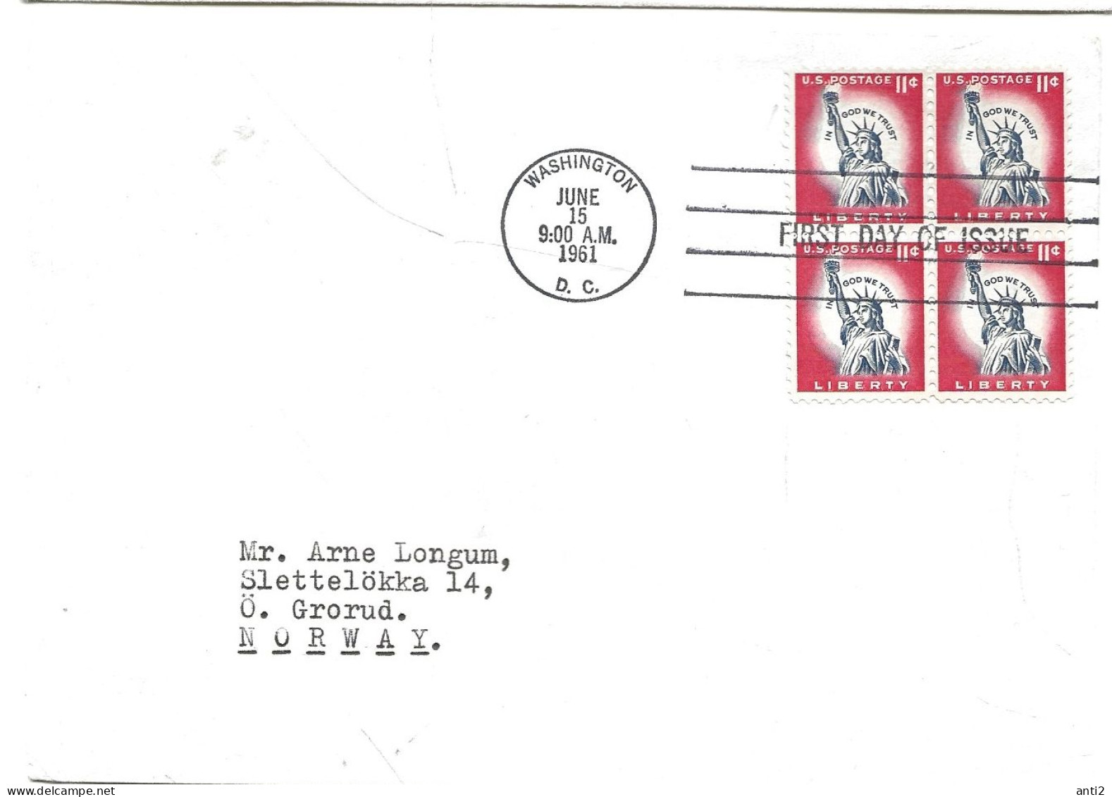 USA 1961 Libety Statue *In God We Trust"    8c  In Bloc Of Four FDC Cancelled June 15 1961 - Brieven En Documenten