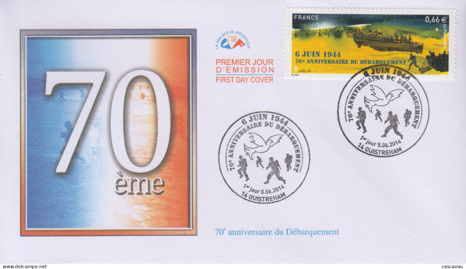 Enveloppe   FDC  1er  Jour    FRANCE    70éme  Anniversaire   Du   Débarquement    OUISTREHAM   2014 - 2010-2019