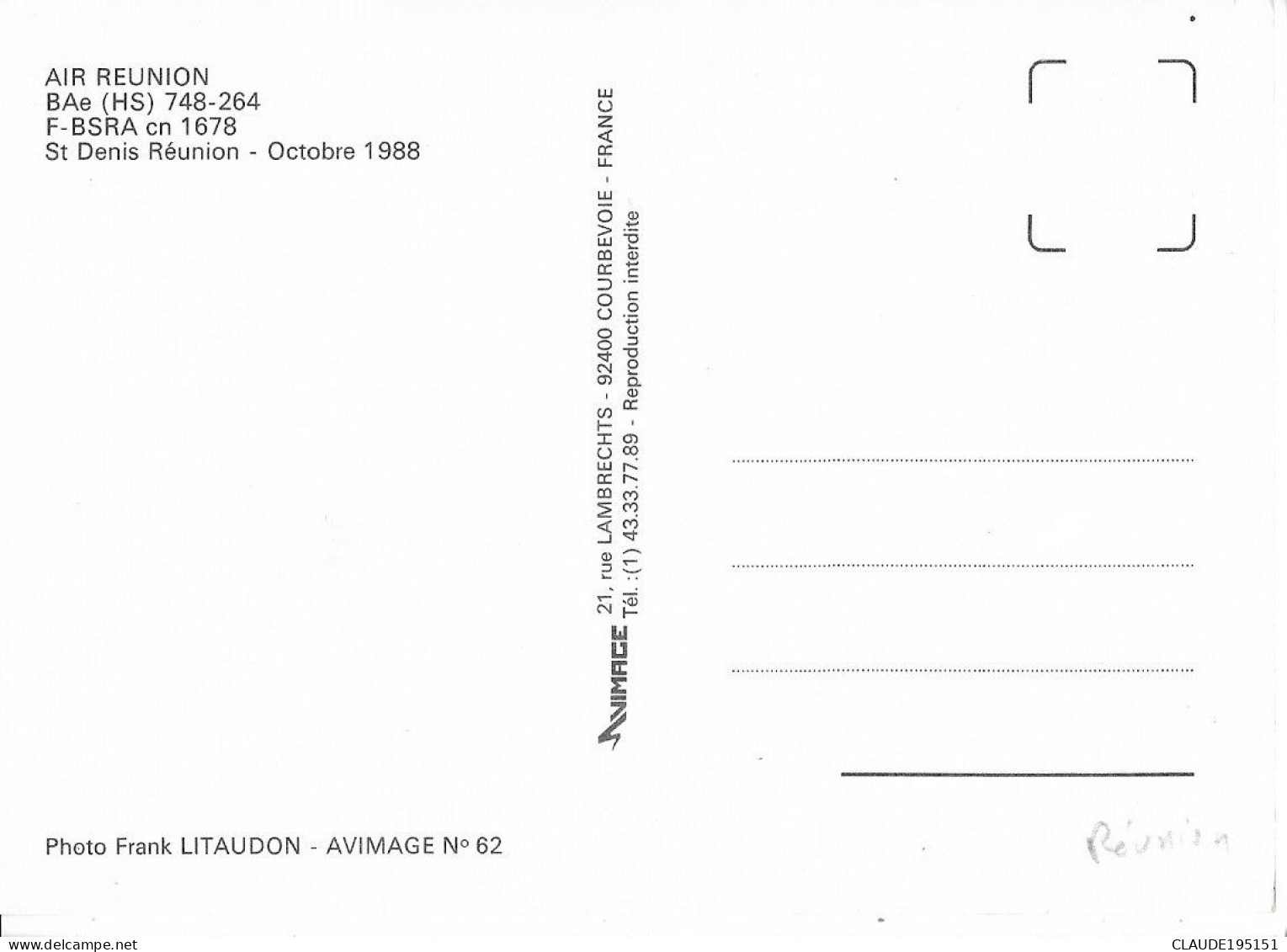 LA REUNION      AEROPORT AIR REUNION AVION  BAe (HS) 748-264  OCT 1988  2 SCANS   (AVIMAGE) - Saint Denis