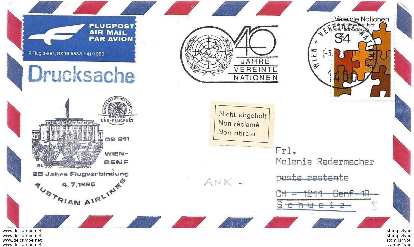 271 - 9 - Enveloppe Nations Unies Wien "25 Jahre Flugdienst Wien-Genf" 1985 - Airplanes