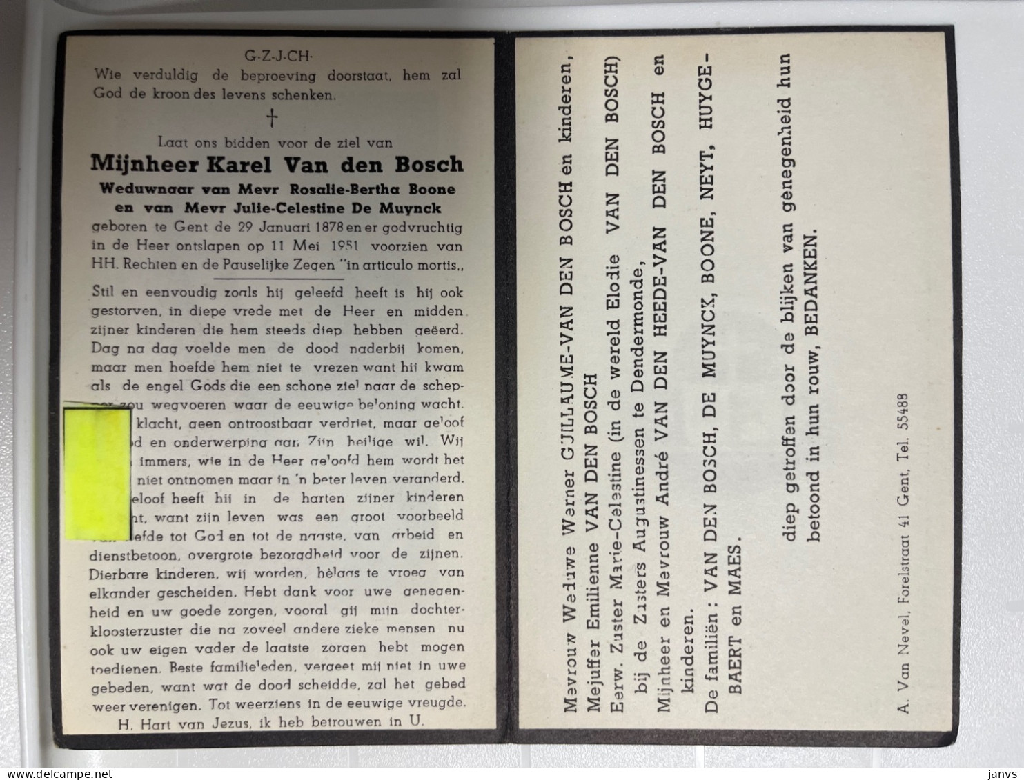 Devotie DP - Overlijden Karel Van Den Bosch Wwe Boone En De Muynck - Gent 1878 - 1951 - Obituary Notices