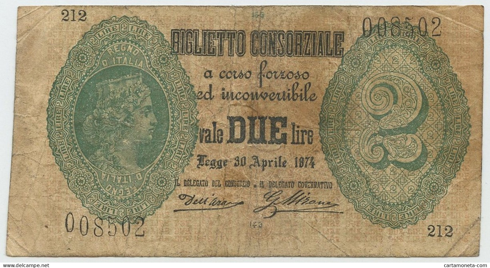 2 LIRE BIGLIETTO CONSORZIALE REGNO D'ITALIA 30/04/1874 BB - Biglietto Consorziale