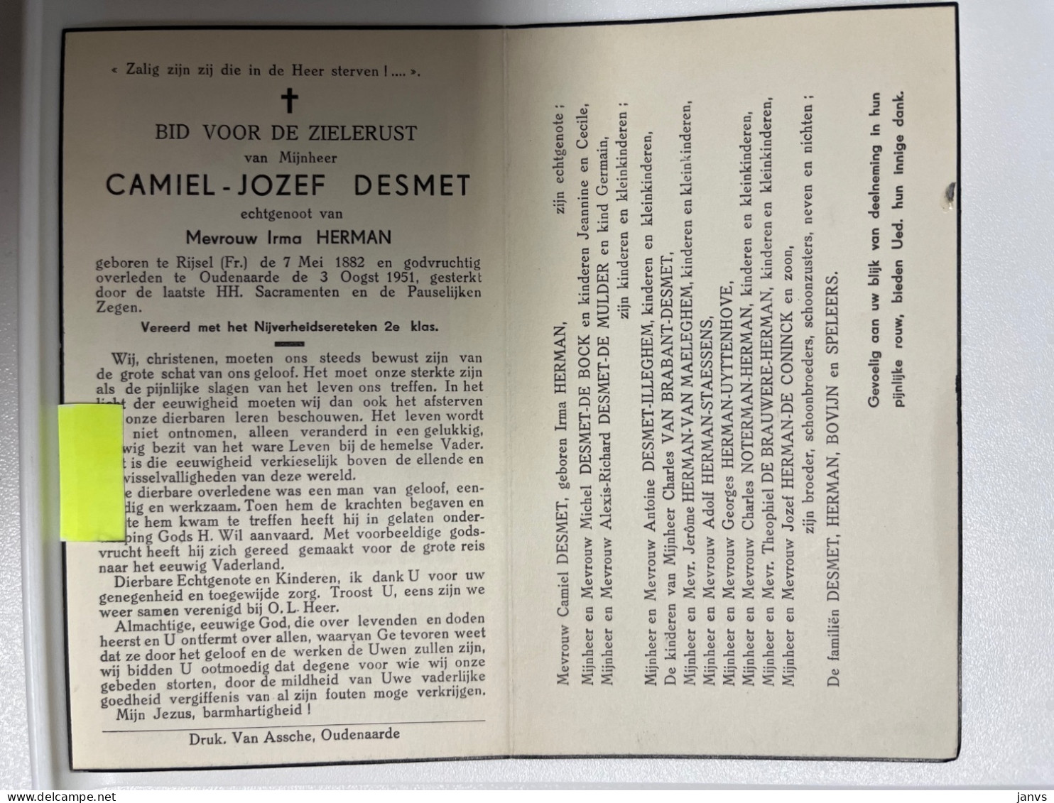 Devotie DP - Overlijden Camiel Desmet Echtg Herman - Lille (Fr) 1882 - Oudenaarde 1951 - Todesanzeige
