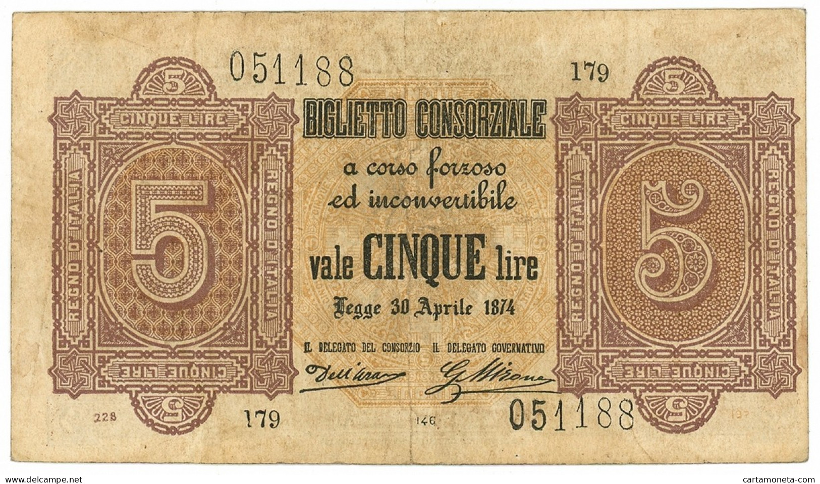 5 LIRE BIGLIETTO CONSORZIALE REGNO D'ITALIA 30/04/1874 BB/SPL - Biglietto Consorziale