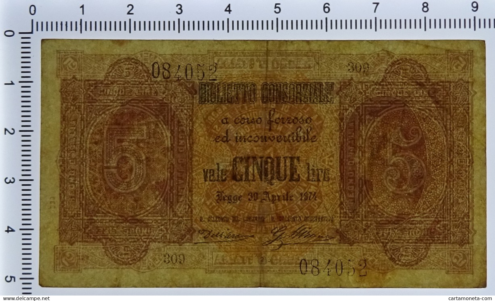 5 LIRE BIGLIETTO CONSORZIALE REGNO D'ITALIA 30/04/1874 BB/SPL - Biglietti Consorziale