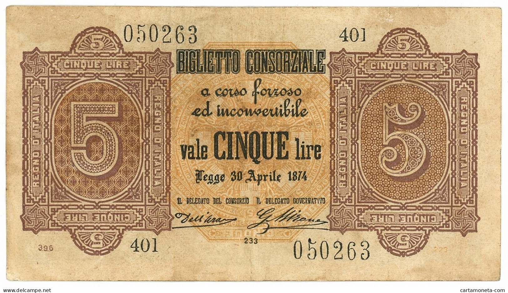 5 LIRE BIGLIETTO CONSORZIALE REGNO D'ITALIA 30/04/1874 BB/SPL - Biglietto Consorziale