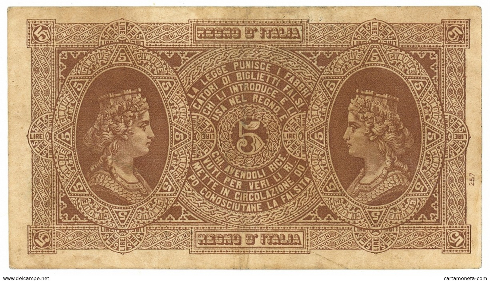 5 LIRE BIGLIETTO CONSORZIALE REGNO D'ITALIA 30/04/1874 BB/SPL - Biglietti Consorziale