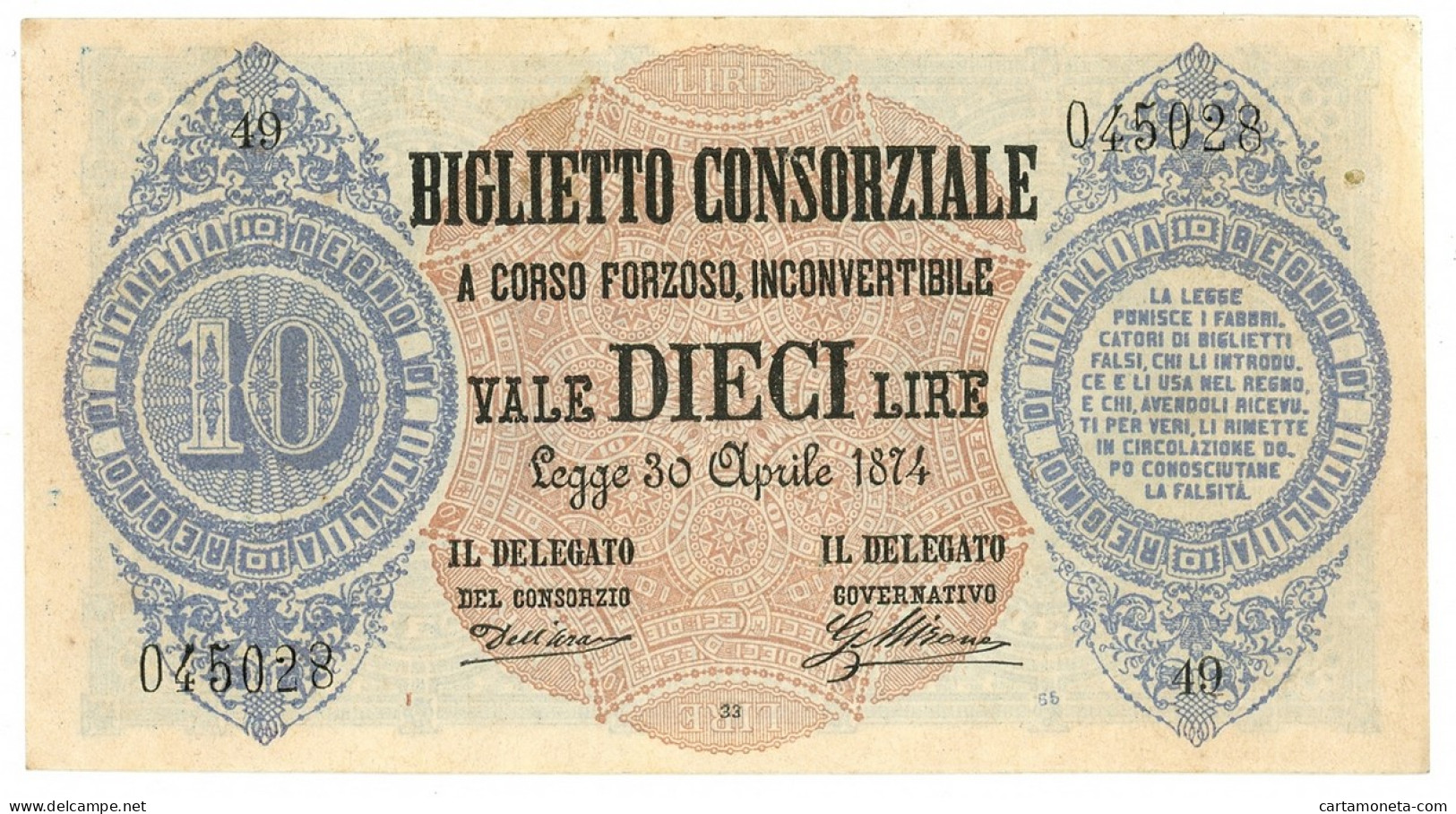 10 LIRE BIGLIETTO CONSORZIALE REGNO D'ITALIA 30/04/1874 SPL- - Biglietti Consorziale