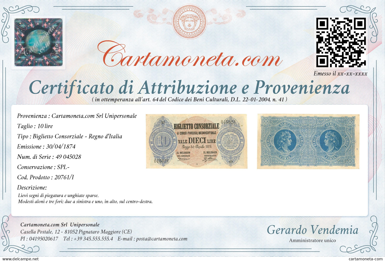 10 LIRE BIGLIETTO CONSORZIALE REGNO D'ITALIA 30/04/1874 SPL- - Biglietto Consorziale