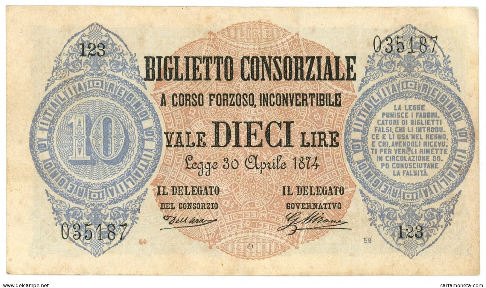 10 LIRE BIGLIETTO CONSORZIALE REGNO D'ITALIA 30/04/1874 BB/SPL - Biglietti Consorziale