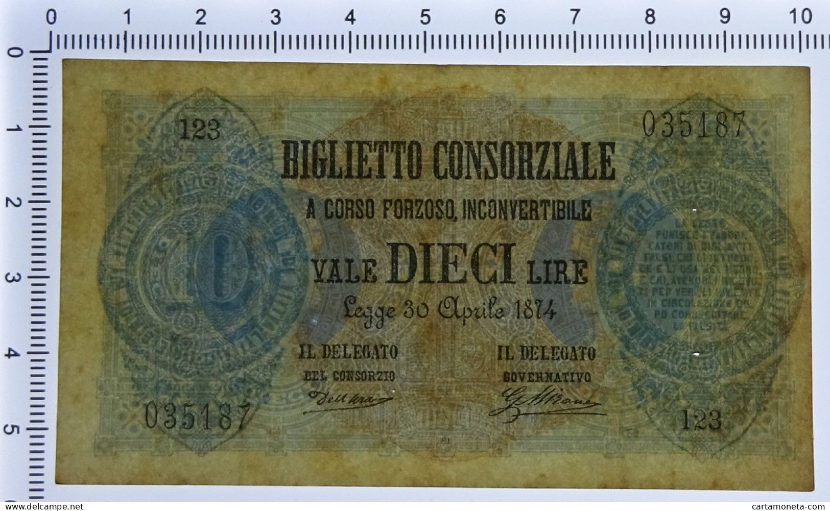 10 LIRE BIGLIETTO CONSORZIALE REGNO D'ITALIA 30/04/1874 BB/SPL - Biglietto Consorziale