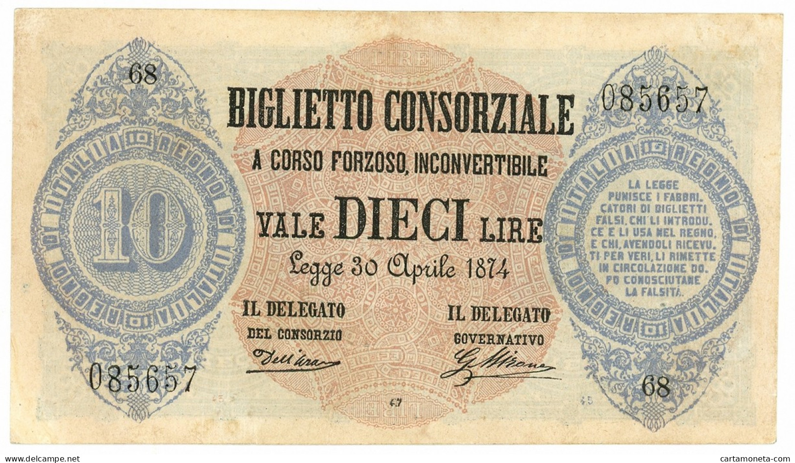 10 LIRE BIGLIETTO CONSORZIALE REGNO D'ITALIA 30/04/1874 QSPL - Biglietto Consorziale