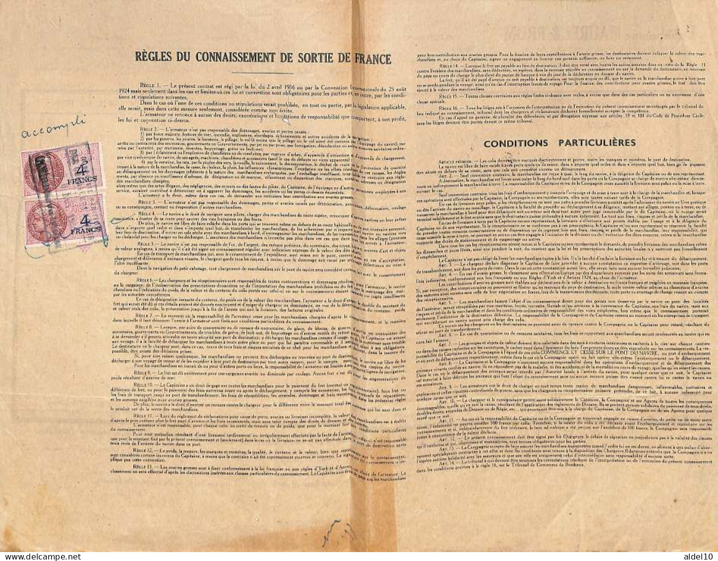 Connaissement Zinguinchor Pour Bordeaux 1953 Estampille Contrôle + Verso Fiscal France 4 F X 2 - Lettres & Documents