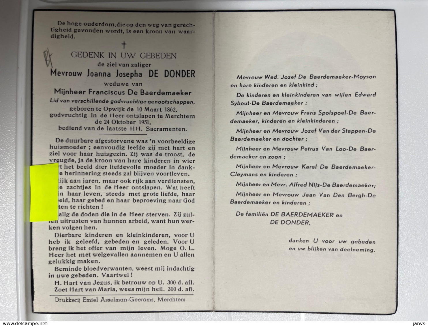 Devotie DP - Overlijden Joanna De Donder Wwe De Baerdemaeker - Opwijk 1862 - Merchtem 1951 - Décès