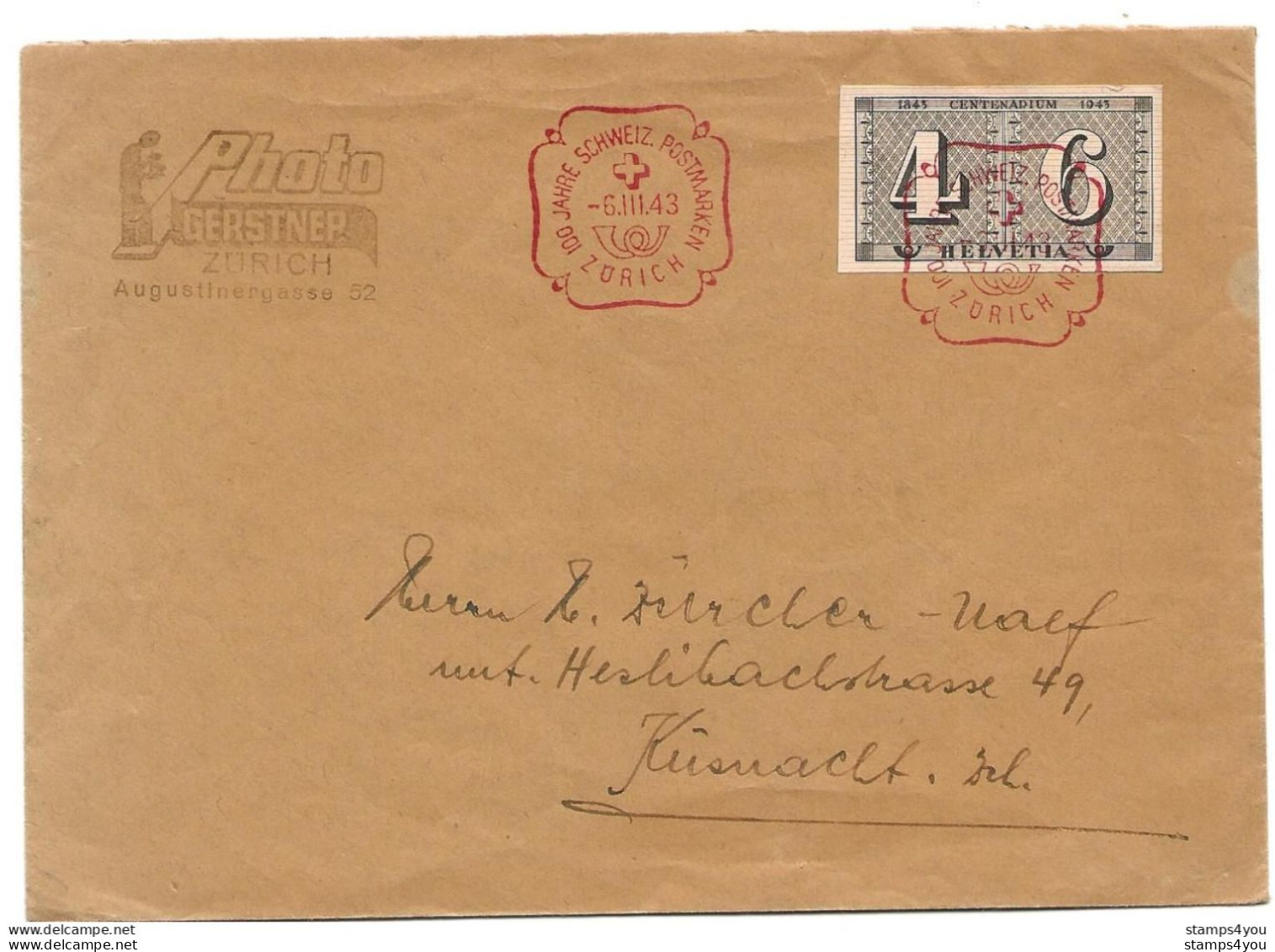 116 - 5 - Enveloppe Avec Découpé Bloc Et Oblit Spéciale 100 Jahre CH Postmarken Zürich 1943 - Postmark Collection