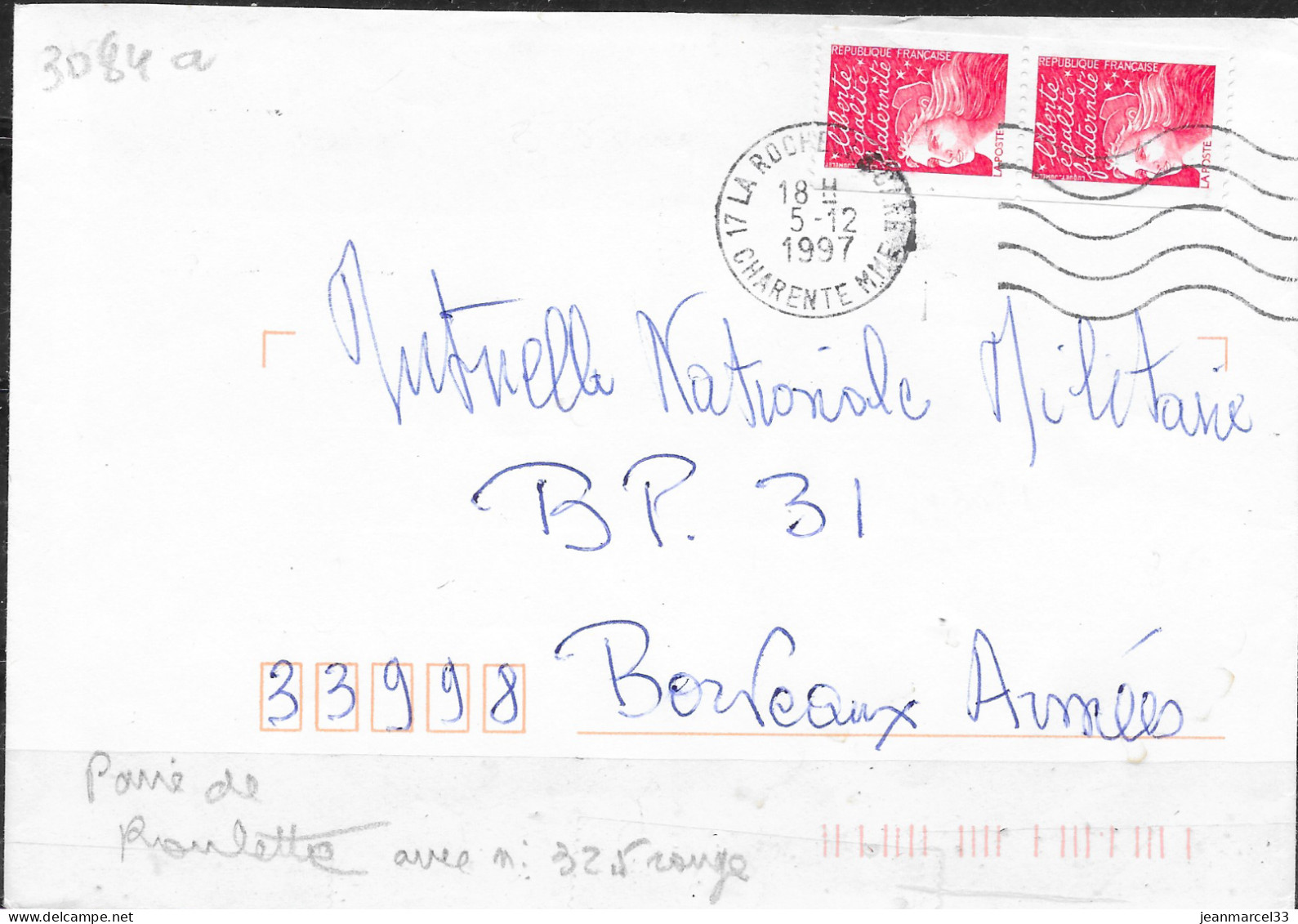 Roulette Sur Lettre Paire Luqurt Sans Valeur Rouge Avec N° Rouge Au Dos, Oblitération Mécanique La Rochelle Gare 5-12 97 - Coil Stamps