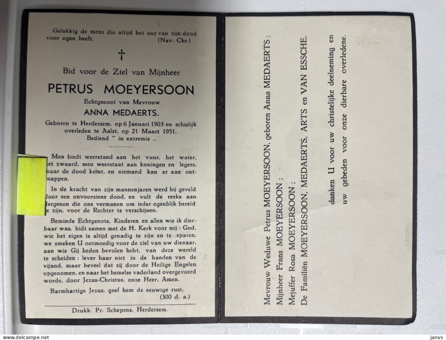 Devotie DP - Overlijden Petrus Moeyersoon Echtg Medaerts - Herdersem 1903 - Aalst 1951 - Obituary Notices