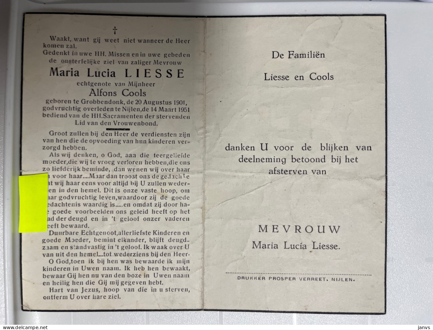 Devotie DP - Overlijden Maria Liesse Echtg Cools - Grobbendonk 1901 - Nijlen 1951 - Avvisi Di Necrologio