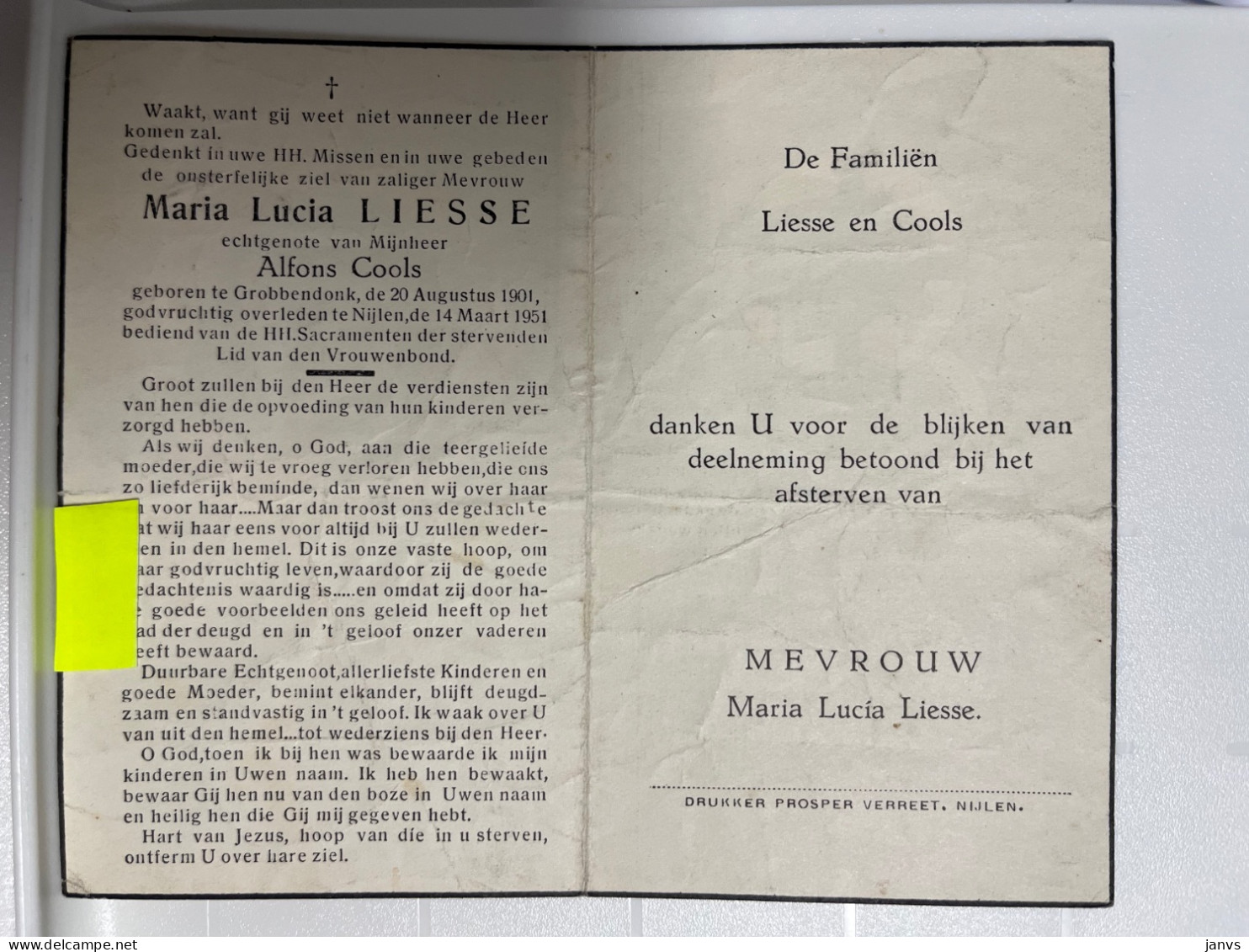 Devotie DP - Overlijden Maria Liesse Echtg Cools - Grobbendonk 1901 - Nijlen 1951 - Décès