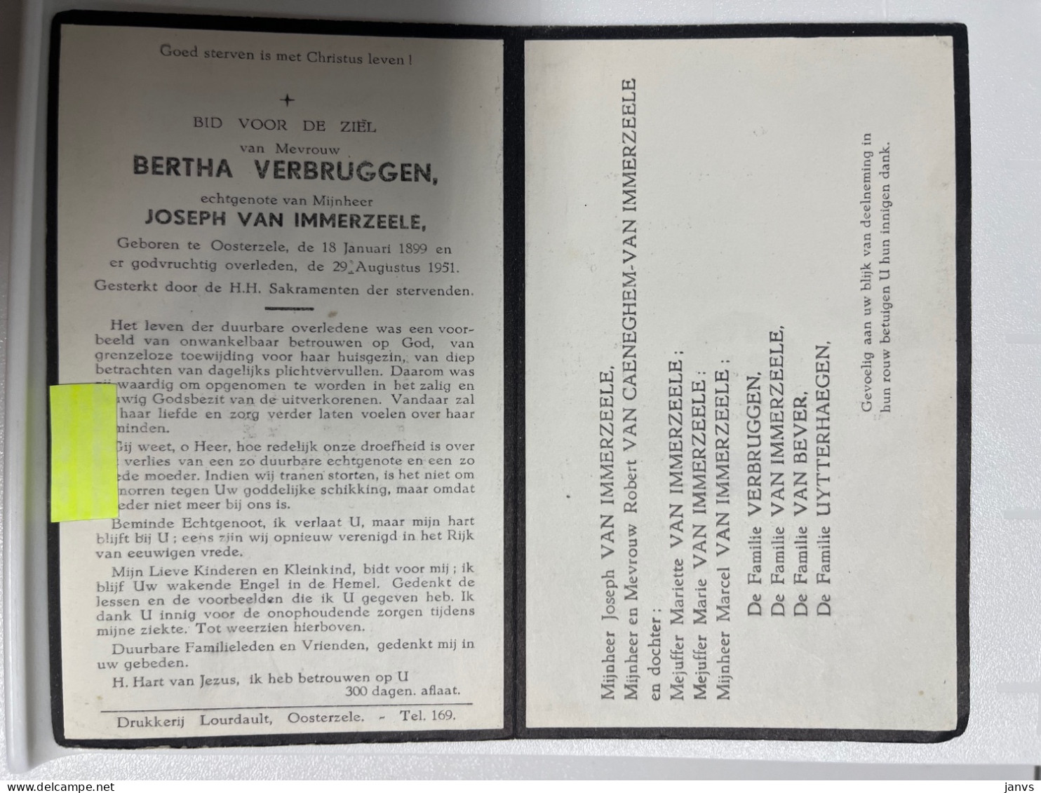 Devotie DP - Overlijden Bertha Verbruggen Echtg Van Immerzeele - Oosterzele 1899 - 1951 - Todesanzeige