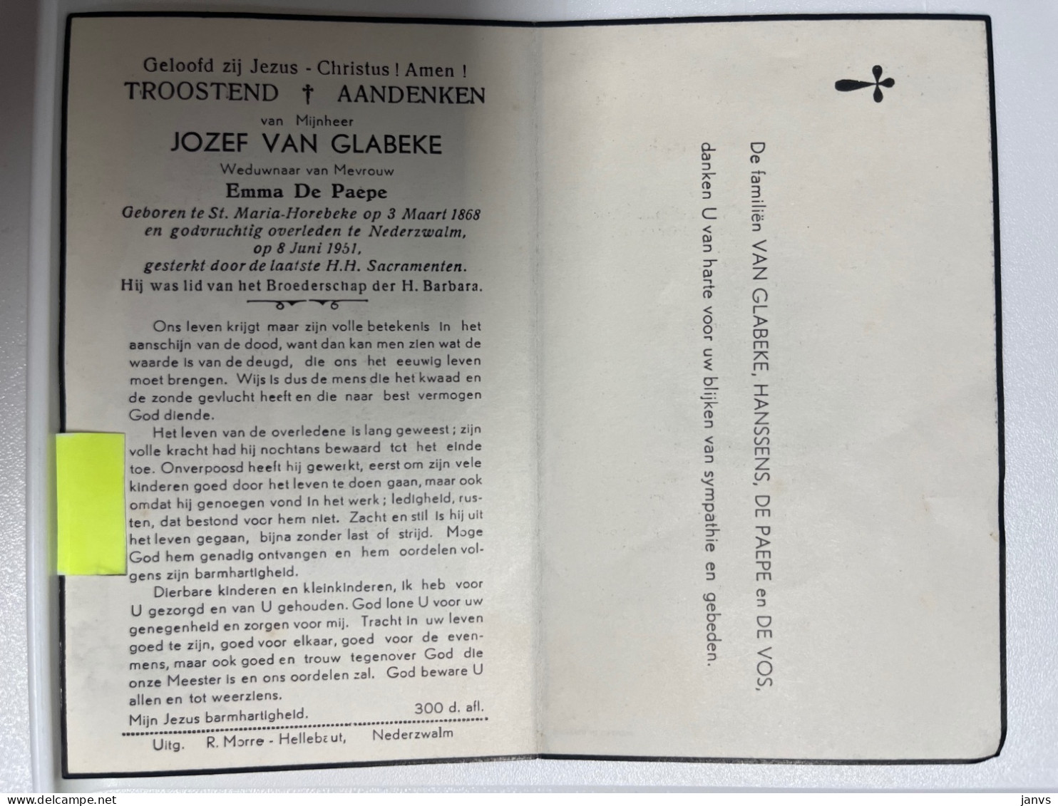 Devotie DP - Overlijden Jozef Van Glabeke Wwe De Paepe - St-Maria-Horebeke 1868 - Nederzwalm 1951 - Obituary Notices