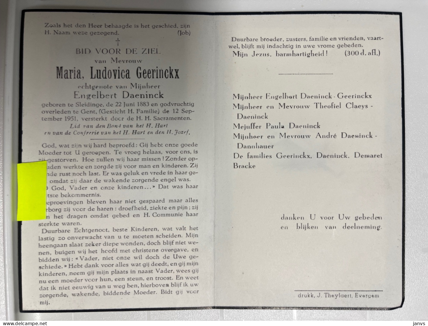 Devotie DP - Overlijden Maria Geerinckx Echtg Daeninck - Sleidinge 1883 - Gent 1951 - Obituary Notices