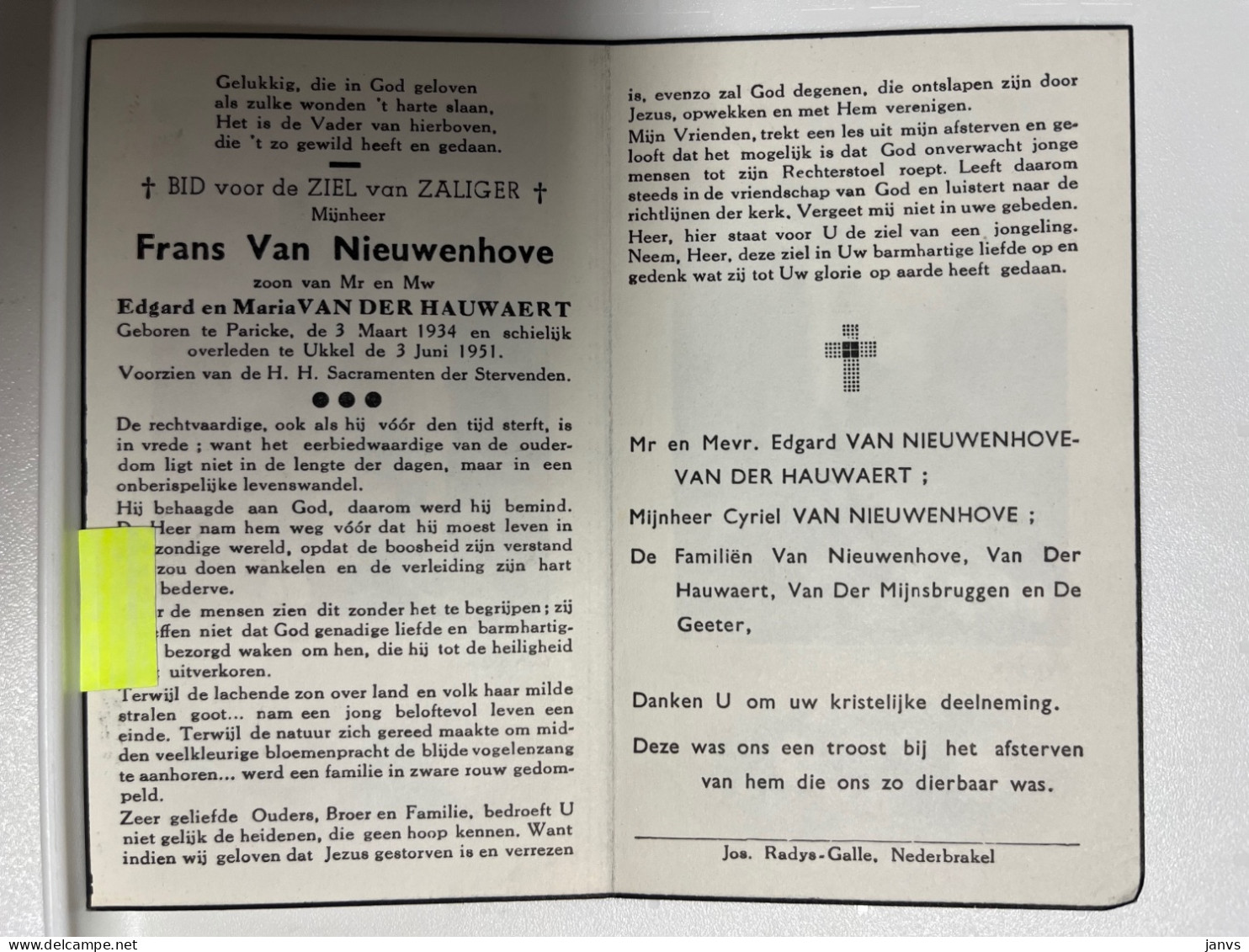 Devotie DP - Overlijden Frans Van Nieuwenhove - Van Der Hauwaert - Paricke 1934 - Ukkel 1951 - Obituary Notices