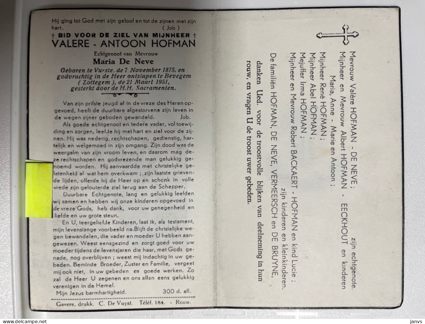 Devotie DP - Overlijden Valere Hofman Echtg De Neve - Vurste 1875 - Bevergem (Zottegem) 1951 - Obituary Notices