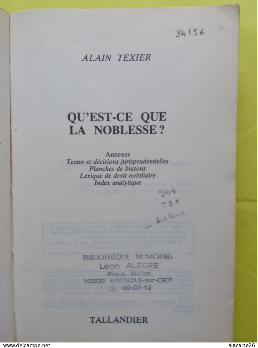 QU'EST-CE QUE LA NOBLESSE ? / ALAIN TEXIER - Histoire