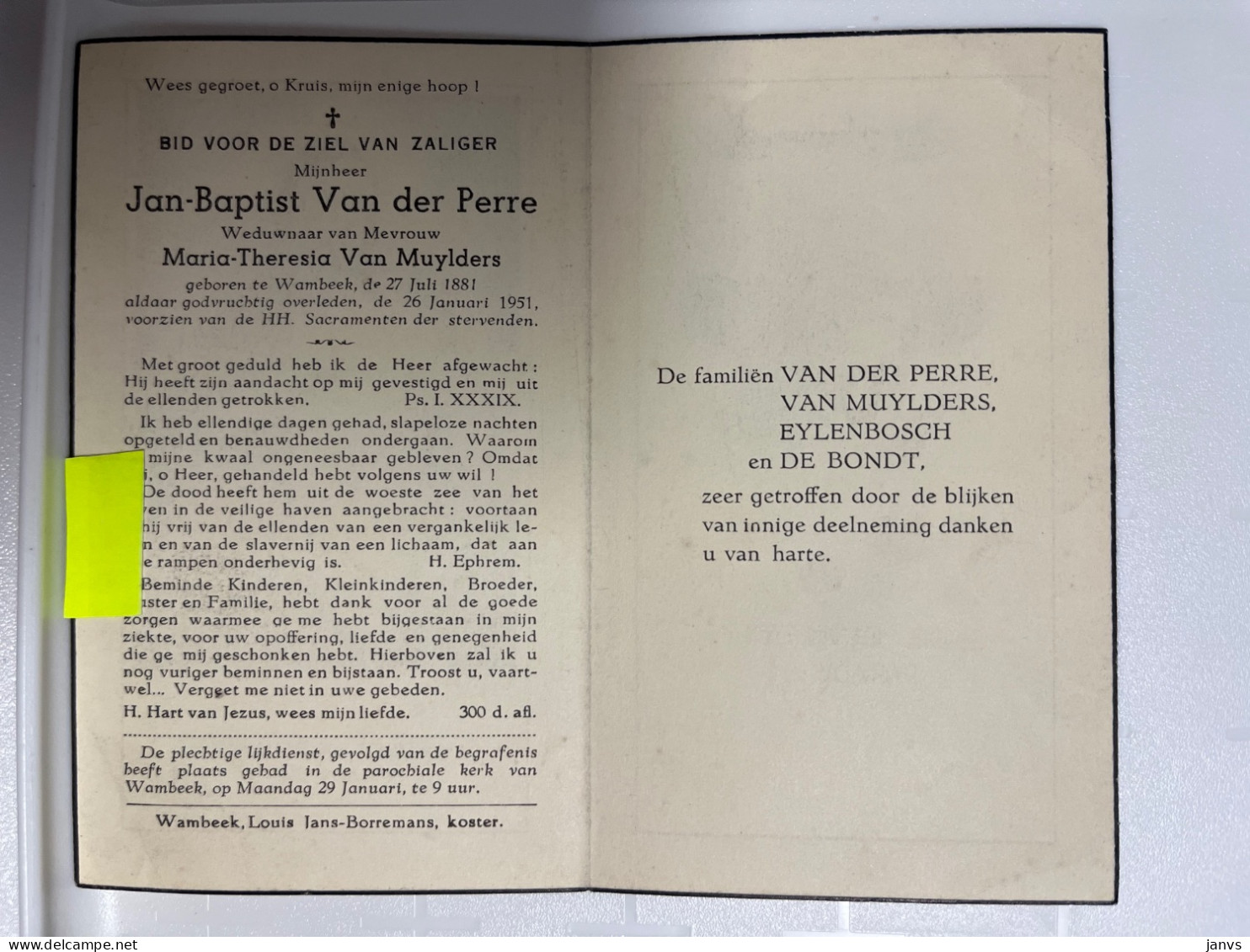 Devotie DP - Overlijden Jan Van Der Perre Wwe Van Muylders - Wambeek 1881 - 1951 - Décès