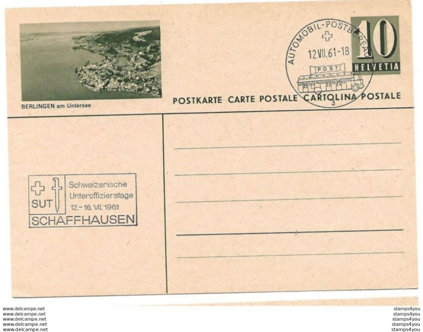 260 - 45 - Entier Postal Avec Illustration "Berlingen" Oblit Spéciale CH Unteroffizierstage Schaffhausen 1961" - Marcofilie