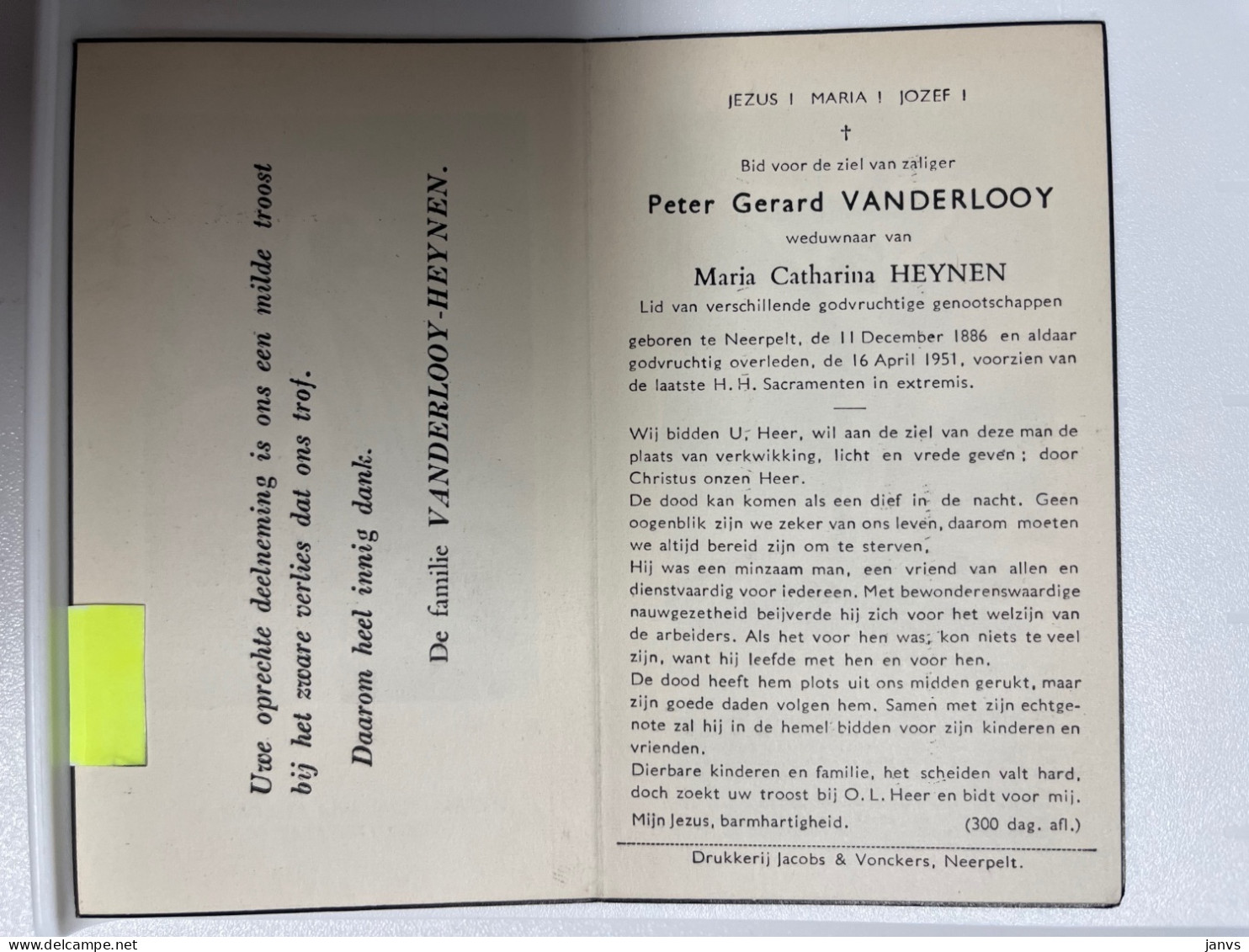 Devotie DP - Overlijden Peter Vanderlooy Wwe Heynen - Neerpelt 1886 - 1951 - Obituary Notices