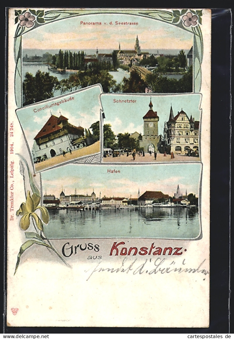 AK Konstanz, Panorama Der Stadt V.d. Seestrasse Aus, Am Conciliumsgebäude, Das Schnetztor, Im Hafen  - Konstanz