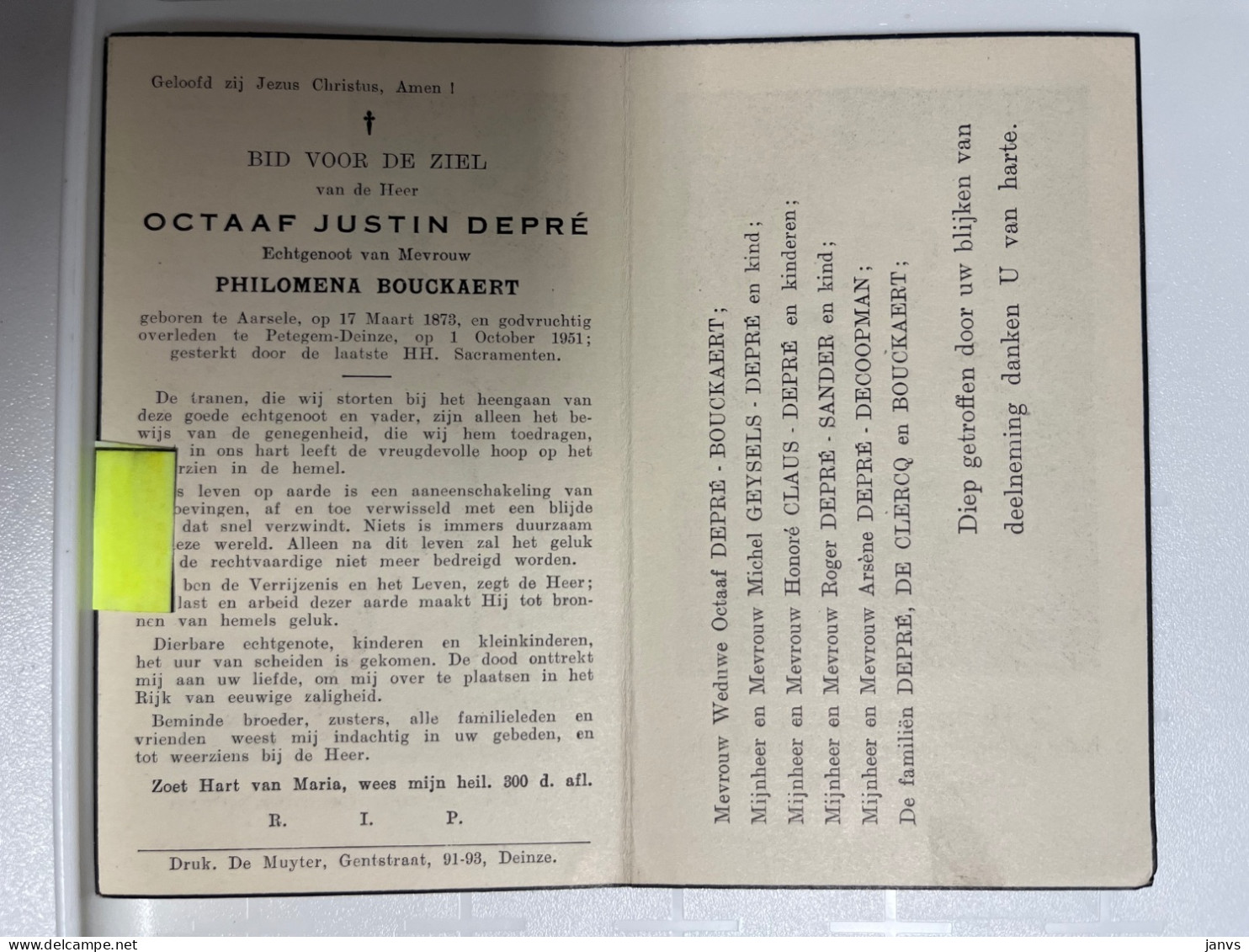 Devotie DP - Overlijden Octaaf Depré Echtg Bouckaert - Aarsele 1873 - Petegem-Deinze 1951 - Todesanzeige