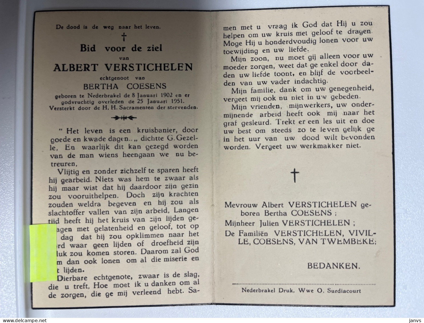 Devotie DP - Overlijden Albert Verstichelen Echtg Coesens - Nederbrakel 19002 - 1951 - Décès