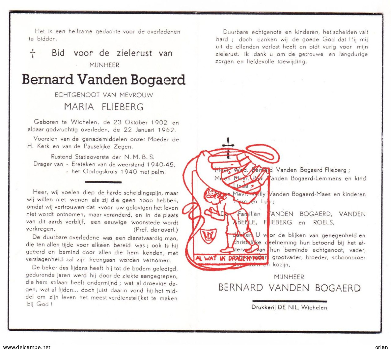 DP Bernard Vanden Bogaerd ° Wichelen 1902 † 1962 X Maria Flieberg // Lemmens Maes Vanden Abeele Roels - Devotieprenten