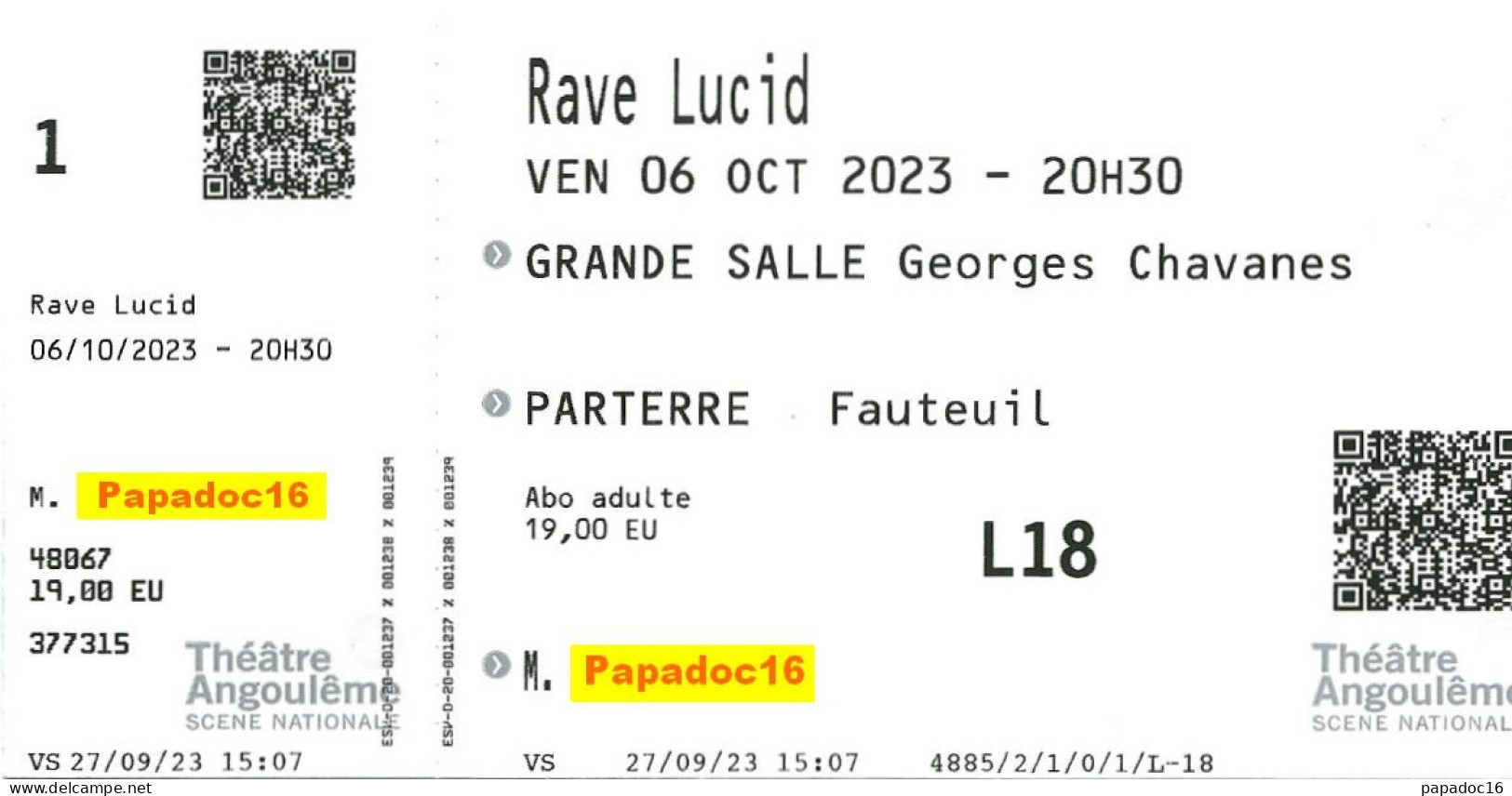 Billet D'entrée - Rave Lucid - Théâtre D'Angoulême - 06-10-2023 - Toegangskaarten