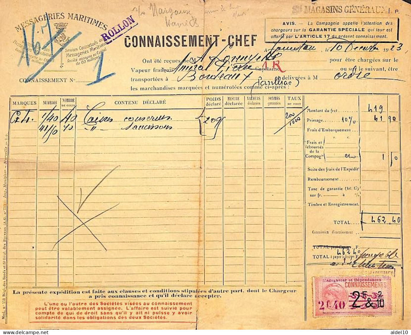 Connaissement Tamatave Pour Bordeaux 1923 Timbre Fiscal Valeur Avec Surcharge 2 F 40 Sur 2 F - Lettres & Documents